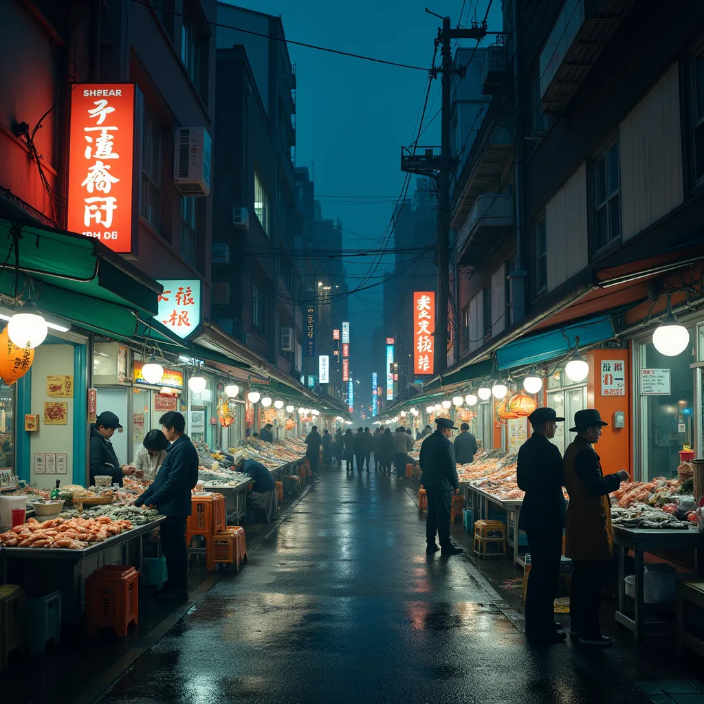 in the style of CNSTLL, an urban landscape with street sellers and a fish market at night, photorealistic