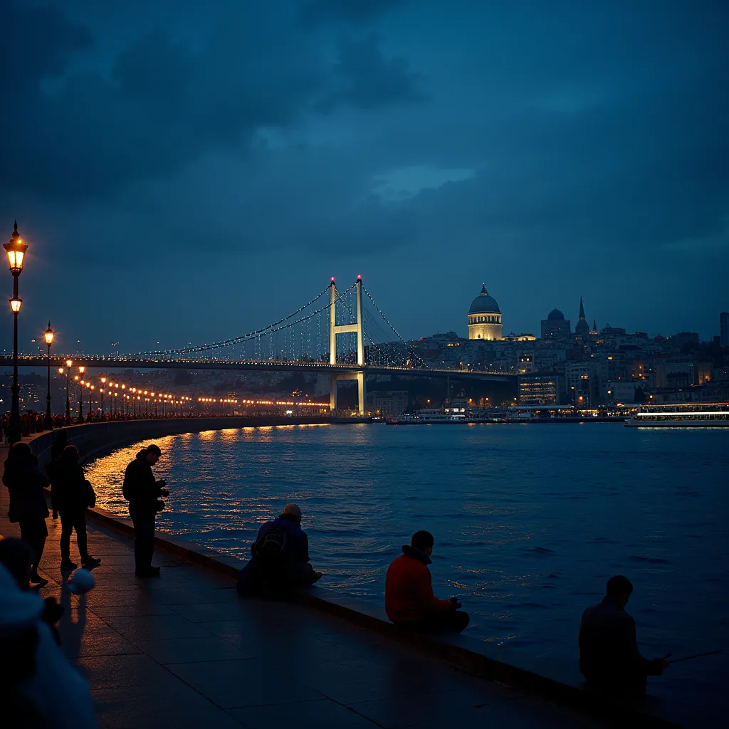 in the style of CNSTLL , urban landscape, people fishing on Galata bridge in Istanbul at night