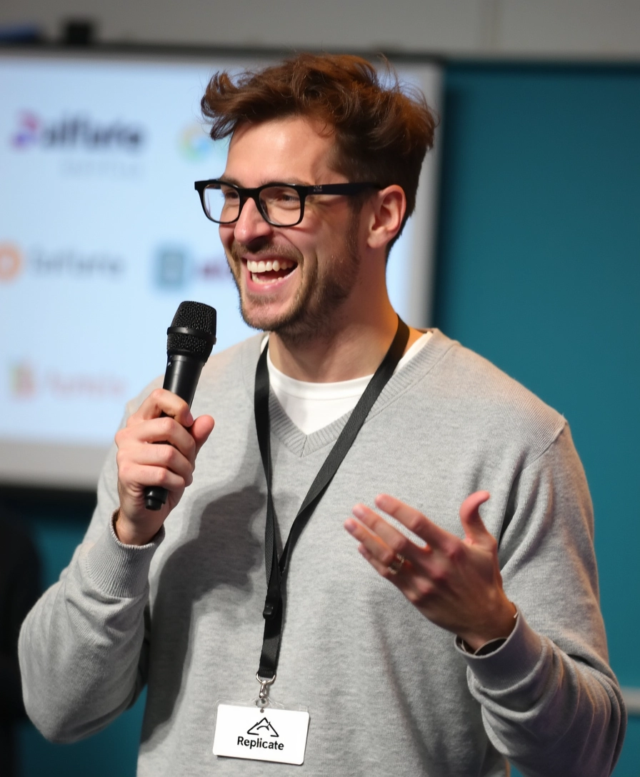 A charismatic speaker is captured mid-speech. He has short, tousled brown hair that's slightly messy on top. His expressive face, adorned with rectangular-framed glasses with dark rims, is animated as he gestures with his left hand. He is holding a black microphone in his right hand, speaking passionately.

                The man is wearing a light grey sweater over a white t-shirt. He's also wearing a simple black lanyard hanging around his neck. The lanyard badge has the text "Replicate" and a logo.

                The badge logo is a minimalist design of three thick, black lines arranged in a corner-like formation.

                Behind him, there is a blurred background with a white banner containing logos and text, indicating a professional or conference setting. The overall scene is vibrant and dynamic, capturing the energy of a live presentation and the speaker's friendly, approachable demeanor.