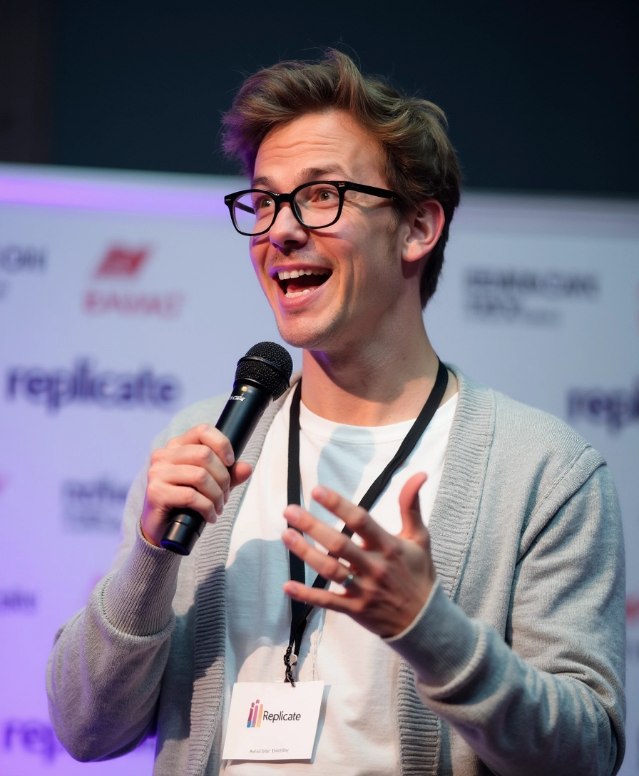 A charismatic speaker is captured mid-speech. He has short, tousled brown hair that's slightly messy on top. His expressive face, adorned with rectangular-framed slightly rounded glasses with dark rims, is animated as he gestures with his left hand. He is holding a black microphone in his right hand, speaking passionately.

                The man is wearing a light grey sweater over a white t-shirt. He's also wearing a simple black lanyard hanging around his neck. The lanyard badge has the text "Replicate".

                Behind him, there is a blurred background with a white banner containing logos and text, indicating a professional or conference setting. The overall scene is vibrant and dynamic, capturing the energy of a live presentation and the speaker's friendly, approachable demeanor.