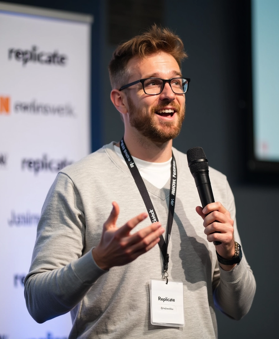 A charismatic speaker is captured mid-speech. He has short, tousled brown hair that's slightly messy on top. He has a round circle face, clean shaven, adorned with rounded rectangular-framed glasses with dark rims, is animated as he gestures with his left hand. He is holding a black microphone in his right hand, speaking passionately.

                The man is wearing a light grey sweater over a white t-shirt. He's also wearing a simple black lanyard hanging around his neck. The lanyard badge has the text "Replicate".

                Behind him, there is a blurred background with a white banner containing logos and text (including replicate), a professional conference setting.