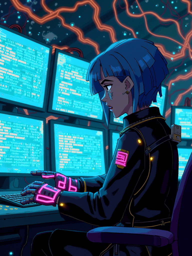 A cyberpunk hacker with neon blue hair and cybernetic implants on their face, seated in front of multiple holographic screens in a dark, high-tech room. They wear a sleek, black leather jacket with glowing circuit patterns, and their fingers are covered in cybernetic gloves that interface directly with the floating data. The background is a chaotic mix of digital code, flashing lights, and wires, emphasizing the high-tech, futuristic setting.