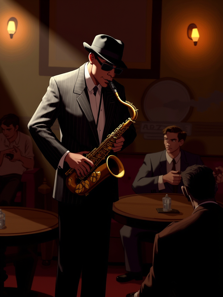 A charismatic jazz musician, playing a saxophone on a small stage in a dimly lit, smoke-filled club. They wear a sharp, pinstripe suit, a fedora tilted to one side, and dark sunglasses. The musician’s expression is intense, fully absorbed in the music. The background features a few round tables with patrons enjoying the performance, while the soft glow of warm, amber lights casts deep shadows, creating a moody, vintage ambiance.