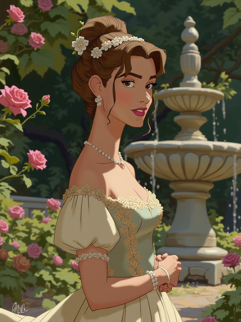 A refined, noblewoman standing gracefully in a lush garden. She has an elaborate updo adorned with delicate pearls and flowers, and she wears a flowing, pastel-colored gown with intricate lace details. Her serene expression is highlighted by soft, natural lighting. The background features blooming roses and a classical stone fountain, creating a sense of timeless elegance and tranquility.