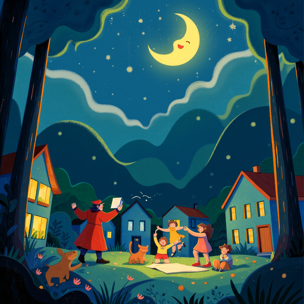 A magician stands in front of a group of children, he is telling a story, it is night and the scene is filled in mystical light, around are several buildings of a villiage, the sky above is filled with stars and the moon is smiling, in the style of TOK