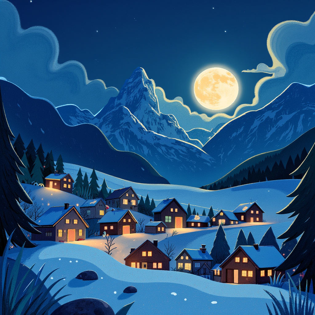 A village in the snowy Alps, it's night and the lights of the houses are turned on which gives a cozy atmosphere, full moon is smiling and the Matterhorn in the background in the style of TOK