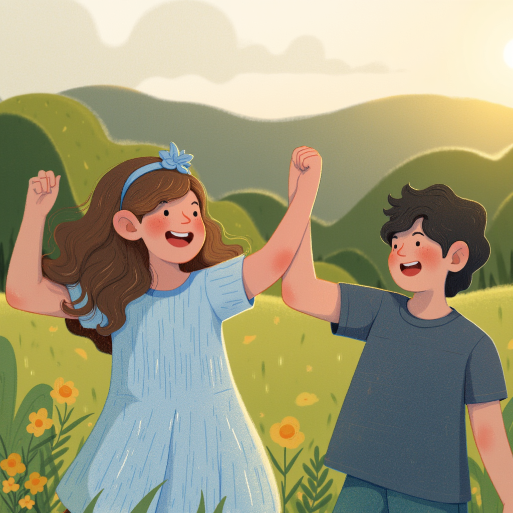 A girl is holding hands with a boy, both are smiling and happy, they are outdoors in the nature in the style of TOK