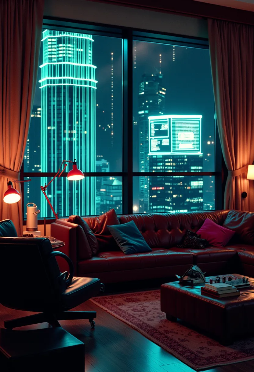 style of 80s cyberpunk, a living room interior