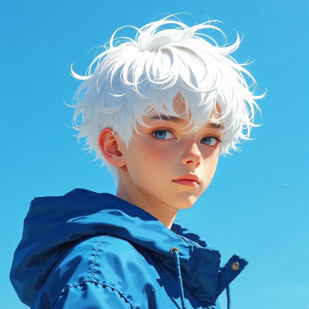 white-haired young man, extremely simple, large-scale blue, brightly colored board, dark white and light blue, in the style of BSstyle004