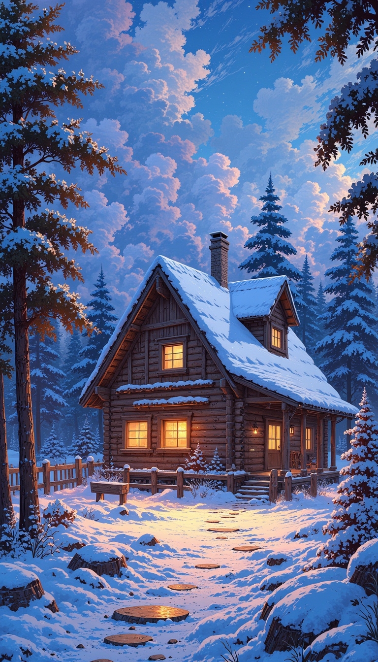 GHIBSKY style, cozy mountain cabin covered in snow, with smoke curling from the chimney and a warm, inviting light spilling through the windows