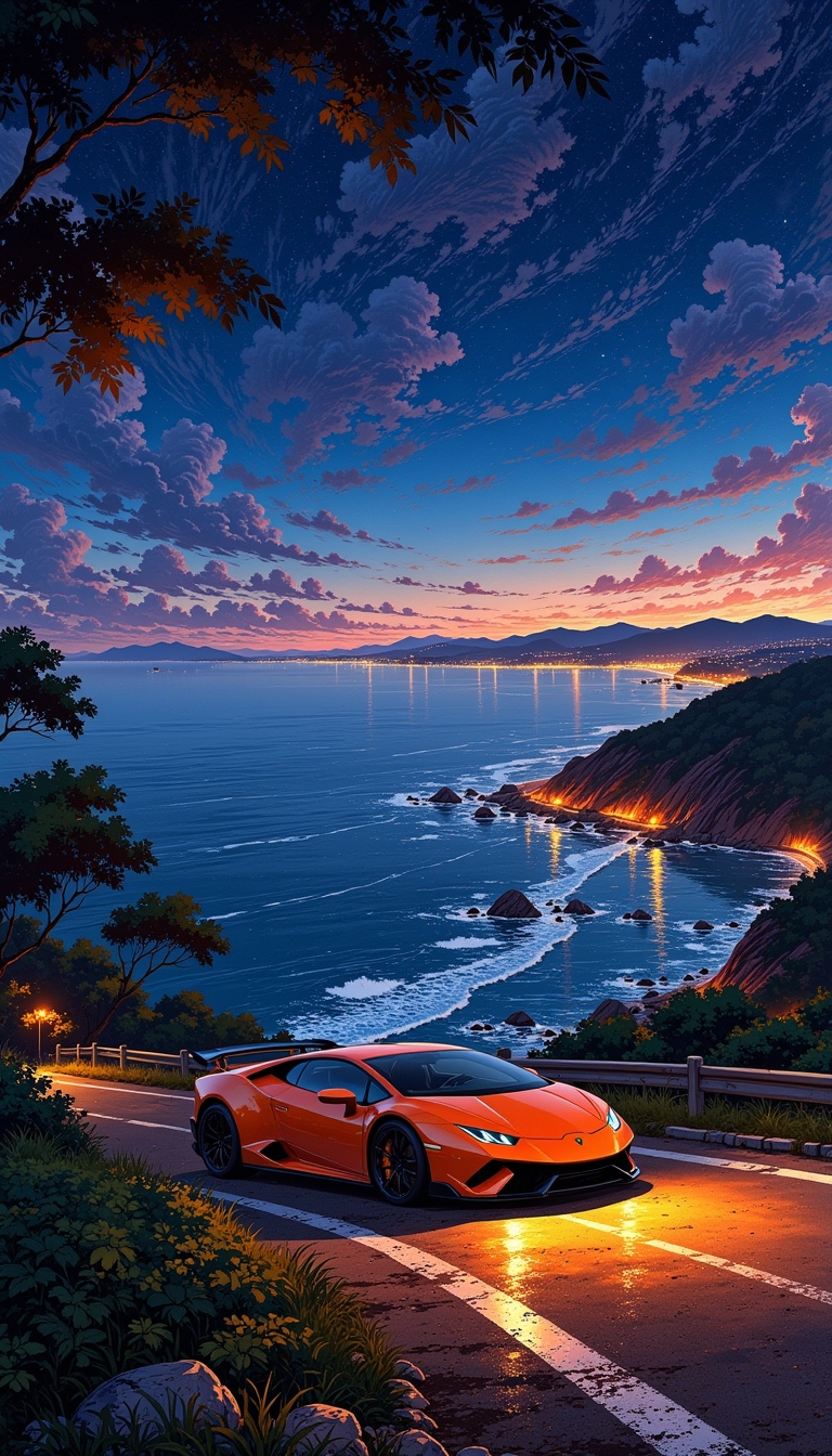 GHIBSKY style, an orange Lamborghini driving down a hill road at night with a beautiful ocean view in the background, side view, no text