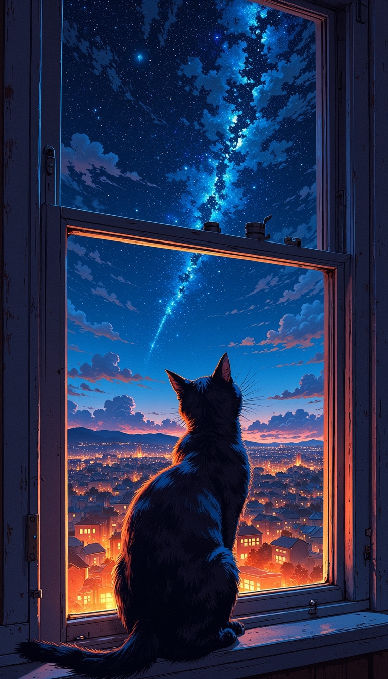 GHIBSKY style, a cat on a windowsill gazing out at a starry night sky and distant city lights