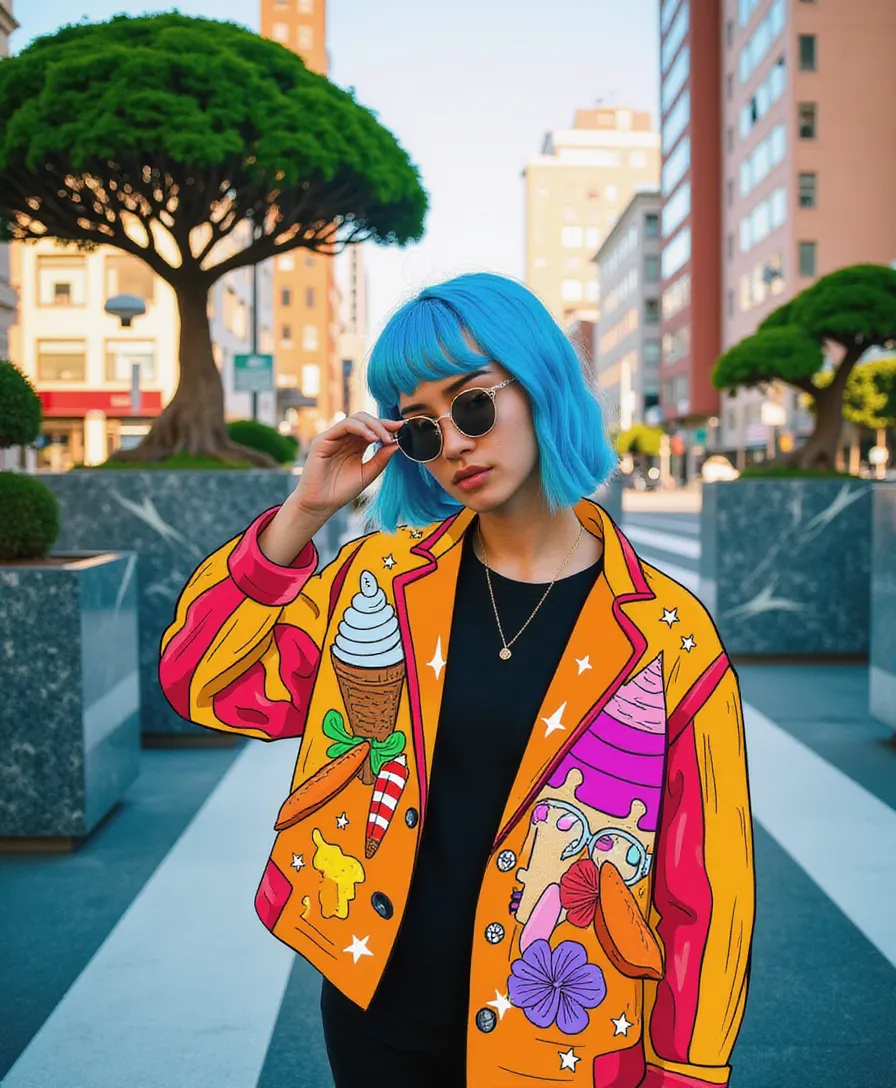 In the style of TOK, a photo editorial avant-garde dramatic action pose of a woman short blue hair wearing 70s round wacky sunglasses pulling glasses down looking forward, in Tokyo with large marble structures and bonsai trees at sunset with a vibrant illustrated jacket surrounded by illustrations of flowers, smoke, flames, ice cream, sparkles, rock and roll