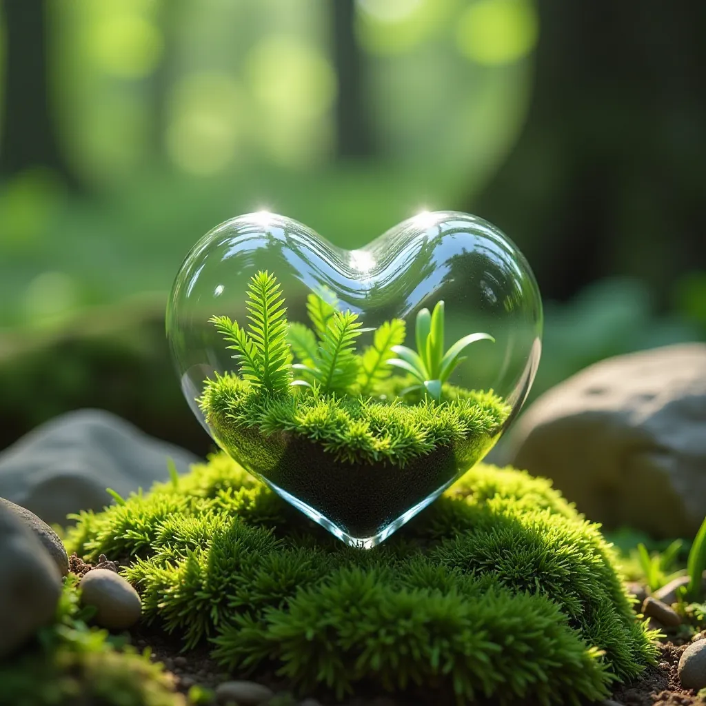 a heart-shaped glass object, filled with green plants, rests on a mossy surface, surrounded by rocks and other greenery, with sunlight filtering through the foliage.