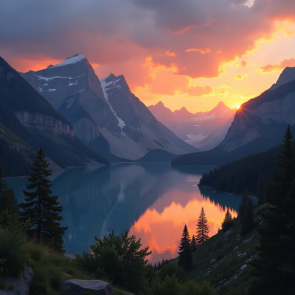 a serene landscape with mountains and a lake at sunset