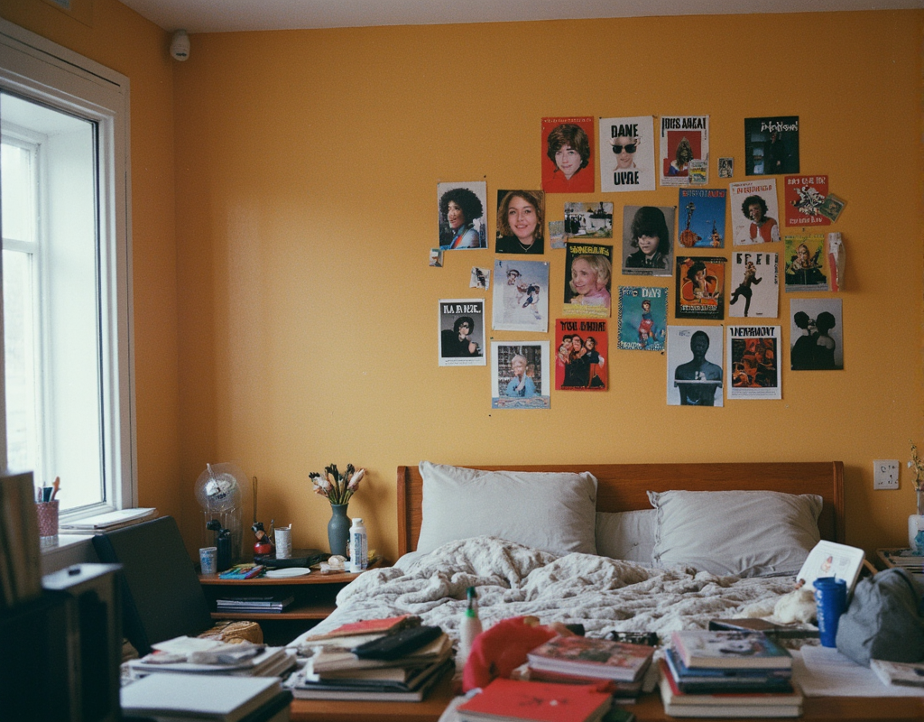 Teenage bedroom with posters and clutter, warm color palette, flmft style 