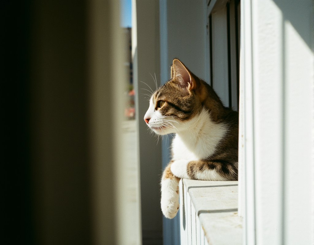 A tabby cat lounging on a sun-dappled windowsill, half its body in shadow, half in bright light, flmft style