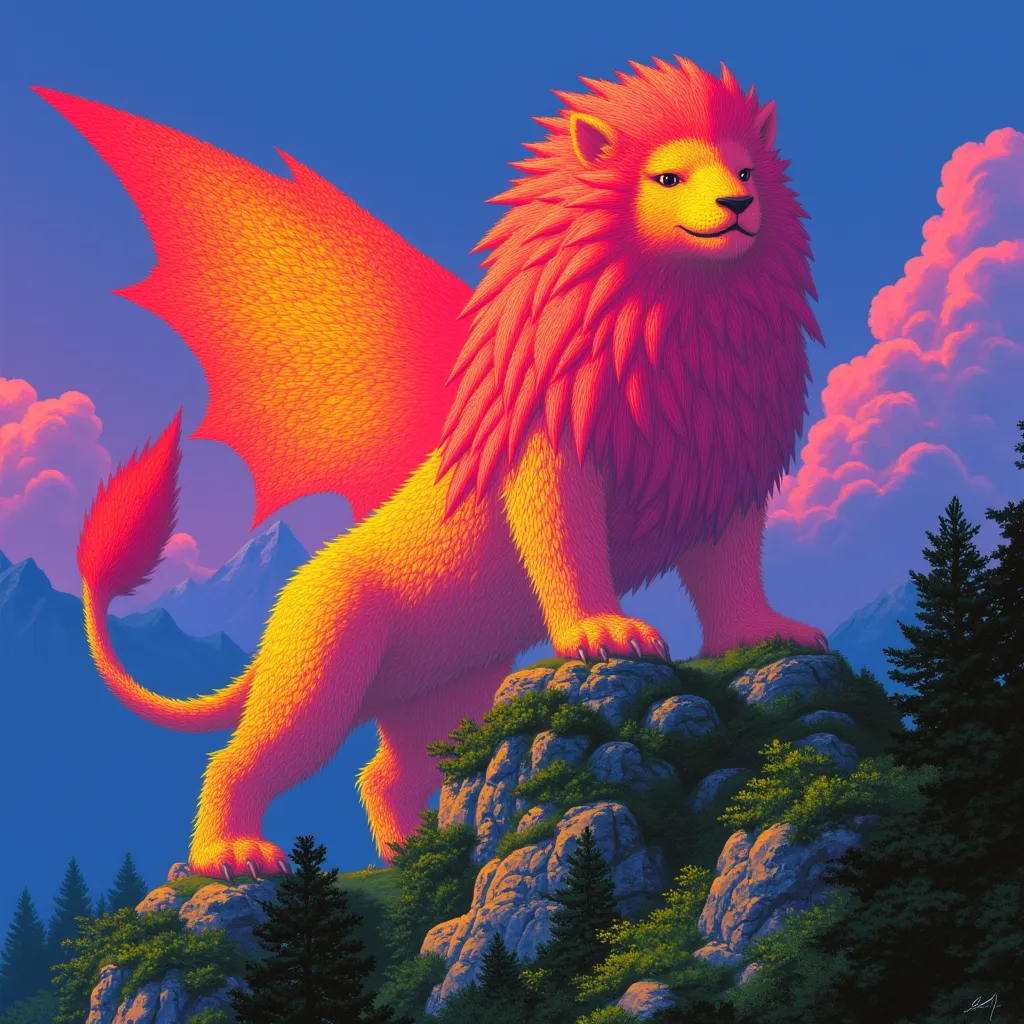 m1st1c,

                A majestic lion with dragon wings and a mane that glows like a sunset, standing proudly on a cliff overlooking a magical forest.

                , in the style of m1st1c