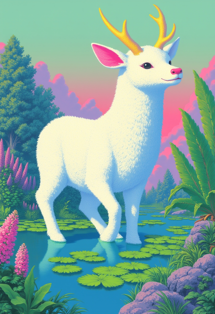 m1st1c,

                A deer with crystal antlers and white fur, standing near a small pond with lily pads floating on the surface.

                , in the style of m1st1c