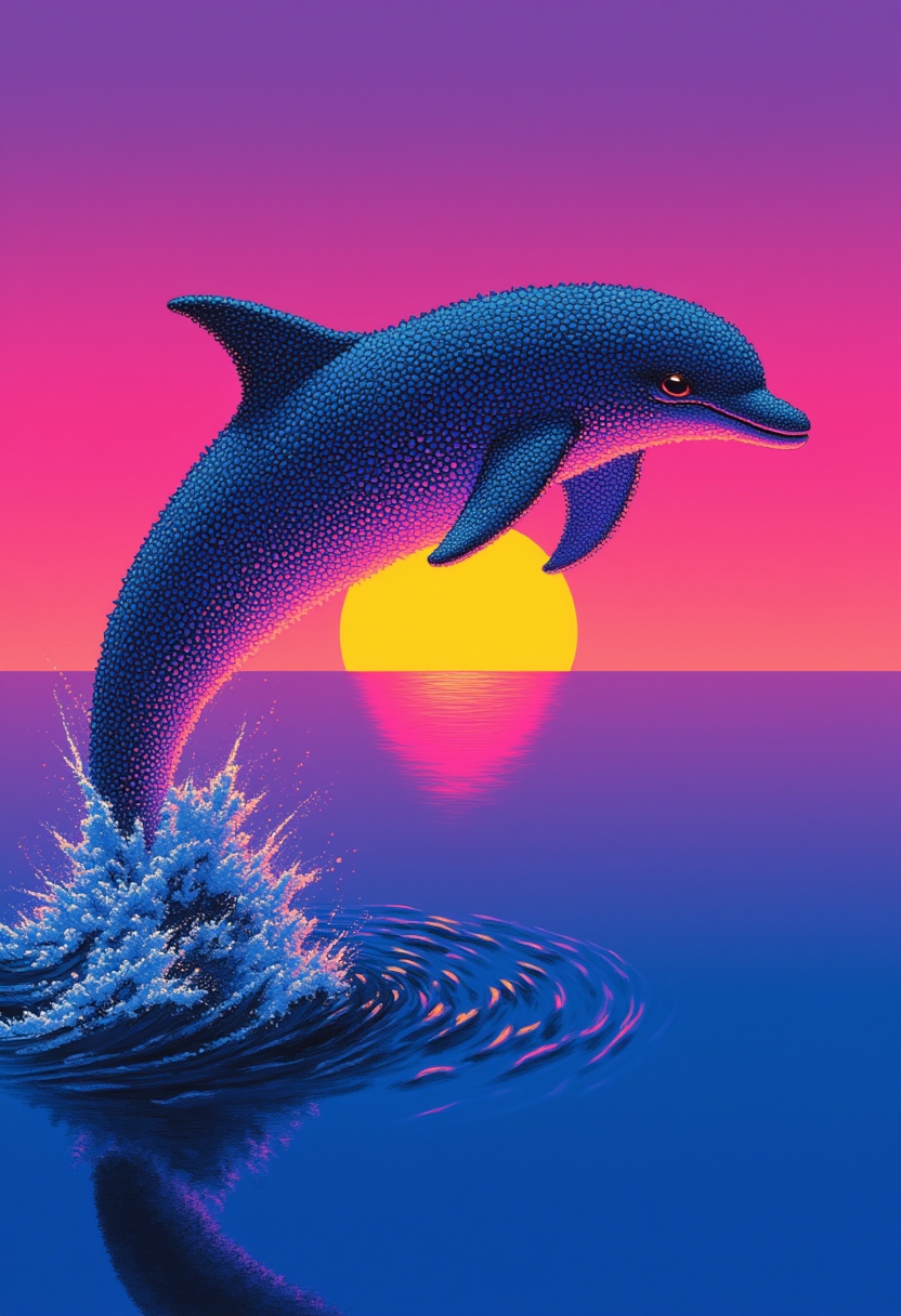 m1st1c,

                A dolphin with glowing patterns on its skin, leaping out of a calm ocean against a setting sun.

                , in the style of m1st1c