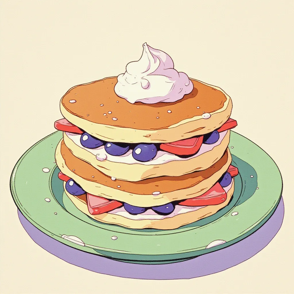 a stack of pancakes with fruit between the layers and whipped cream on top on a pastel green plate, sftsrv style