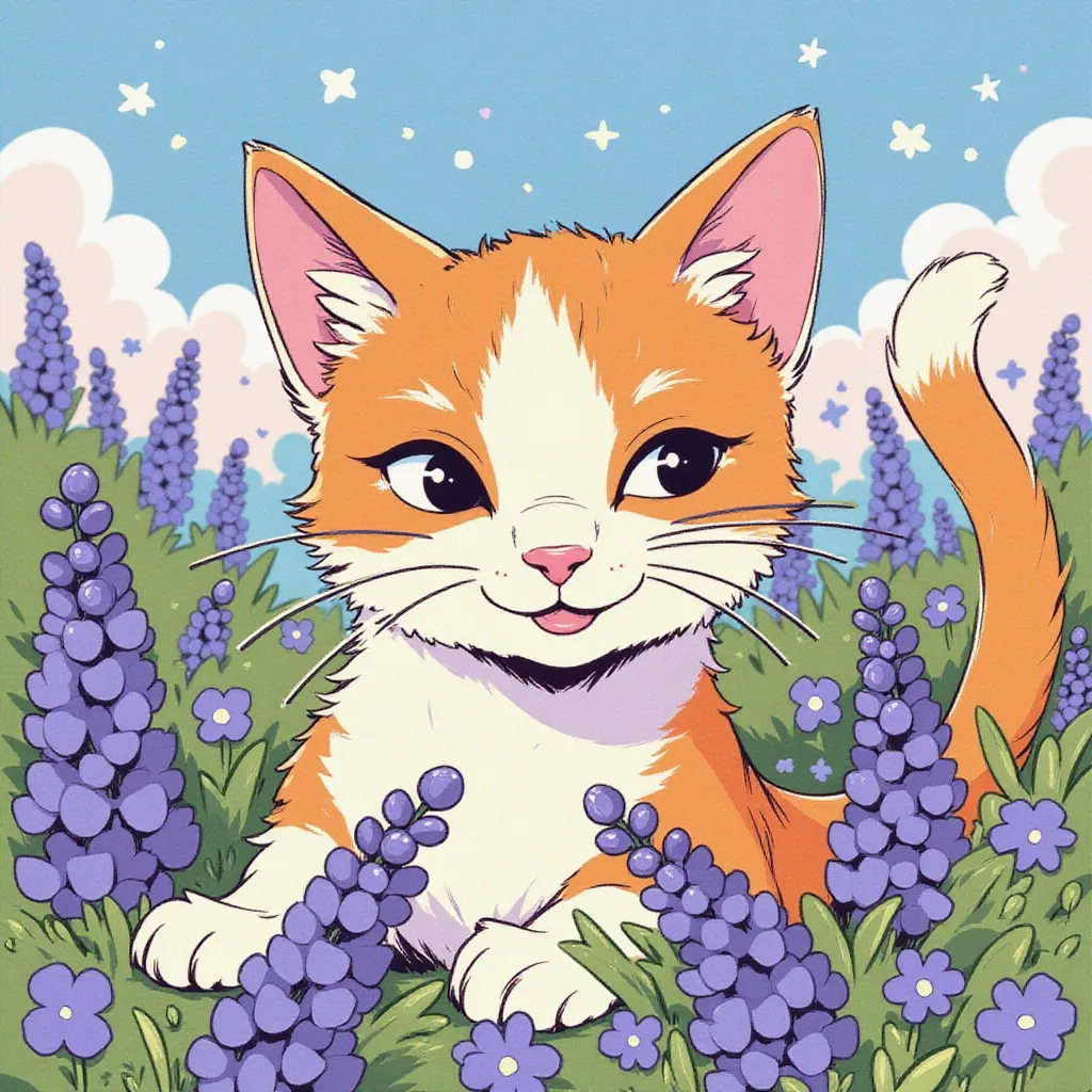 a cat in a field of purple flowers