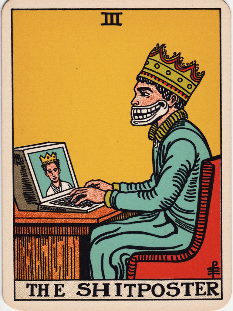 a trtcrd of a person on a computer, on the computer you see a meme being made with an ancient looking trollface, "the shitposter" arcana, in the style of TOK a trtcrd, tarot style