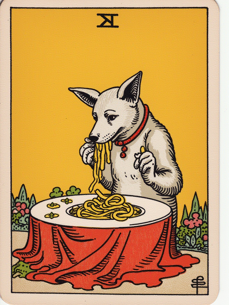 a dog eating pasta, in the style of TOK a trtcrd, tarot style