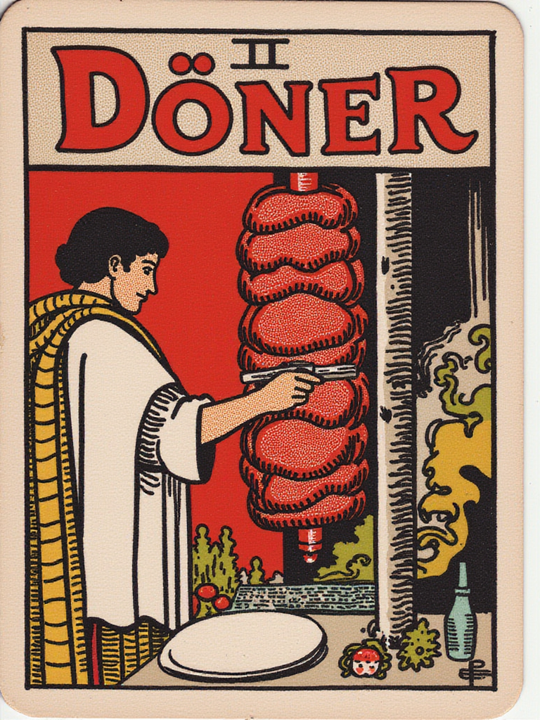 a man cutting meat from a kebab vertical rotisserie, it reads "Döner" in the style of TOK a trtcrd, tarot style